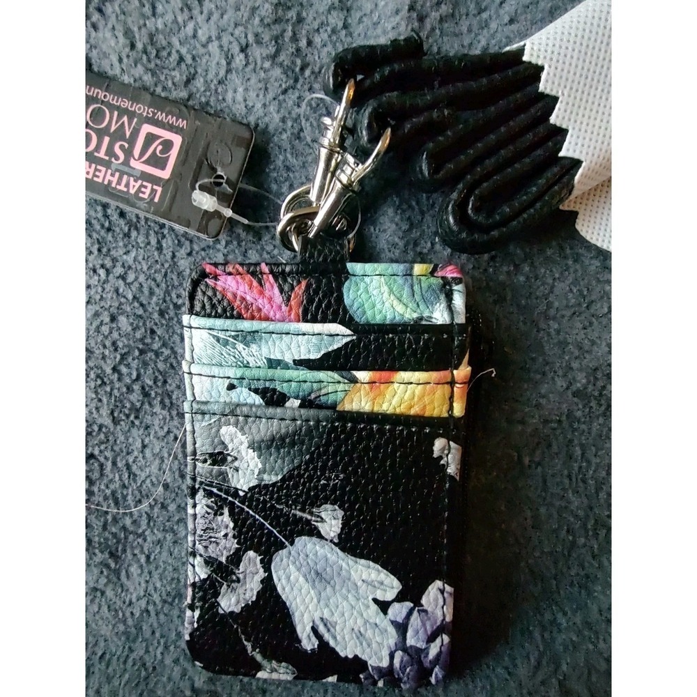 Stone Mountain Black Floral Leather Blend ID Card Holder Money Zip Lanyard NWT